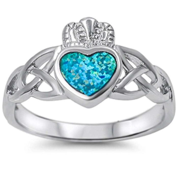 CLOSEOUT!Blue Opal Heart Irish Claddagh w/ Celtic Design Band .925 Sterling Silver Ring