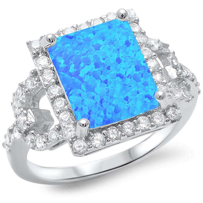 CLOSEOUT! Radiant Shape Blue Fire Opal & Sparkling Cubic Zirconia .925 Sterling Silver Ring Sizes 5-10