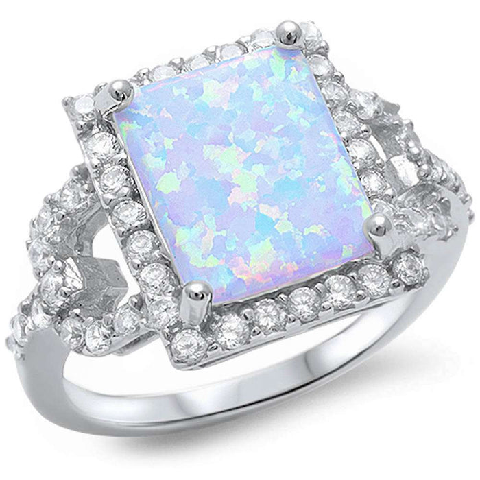 CLOSEOUT!Radiant Shape White Fire Opal & Sparkling Cubic Zirconia .925 Sterling Silver Ring Sizes 5-10