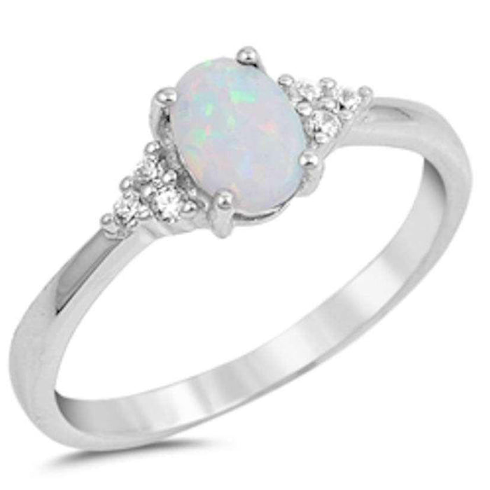Oval White Opal & Round Cz .925 Sterling Silver Ring