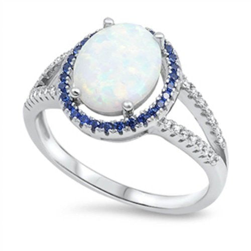CLOSEOUT! Oval White Opal & Sapphire Halo .925 Sterling Silver Ring