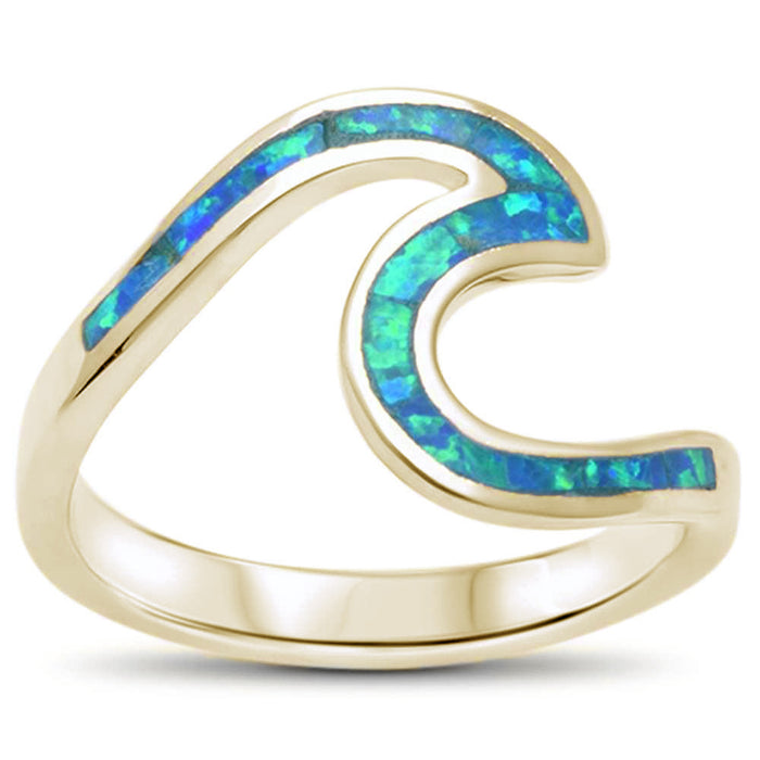 CLOSEOUT! Yellow Gold Plated Wave Ocean Blue Opal .925 Sterling Silver Ring Sizes 6-8