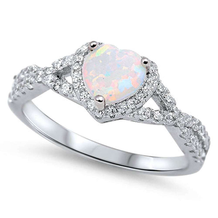 White Opal & CZ Heart Promise Ring .925 Sterling Silver Ring