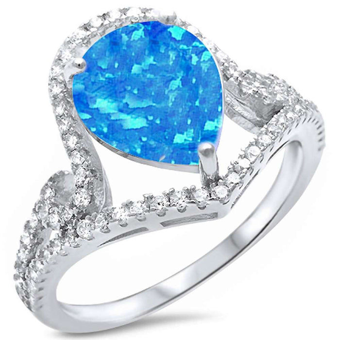 CLOSEOUT! Pear Shape Blue Opal & Cubic Zirconia .925 Sterling Silver Ring Sizes 5-10