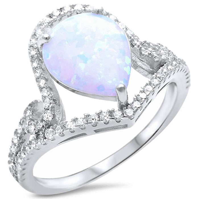 CLOSEOUT! Pear Shape White Opal & Cubic Zirconia .925 Sterling Silver Ring