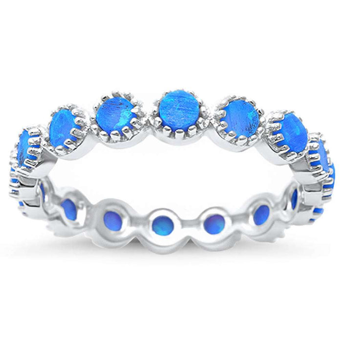 Round Blue Opal Eternity .925 Sterling Silver Ring Sizes 5-11