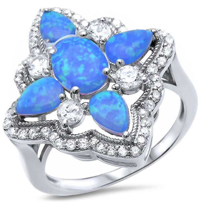 Closeout!New Beautiful Lab Created Blue Opal & Cubic Zirconia .925 Sterling Silver Ring Sizes 5,6