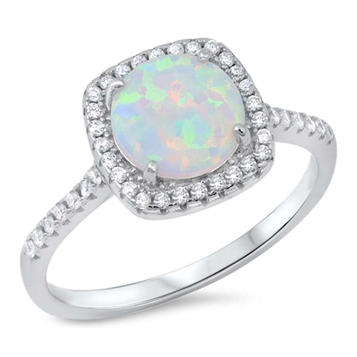 CLOSEOUT! Round Shape Lab Created White Opal with Cubic Zirconia .925 Sterling Silver Ring Sizes 4-11