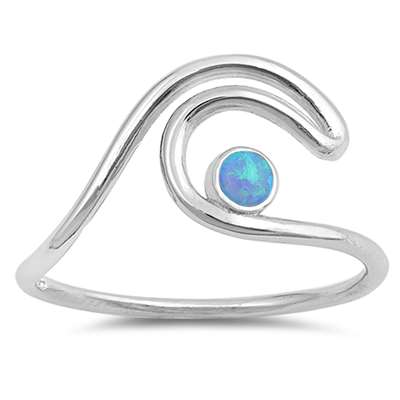CLOSEOUT!Double Wave with Round Blue Opal .925 Sterling Silver Ring