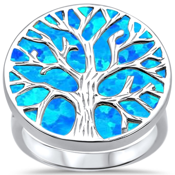 CLOSEOUT! Lab Created Blue Opal Tree Of Life .925 Sterling Silver Ring