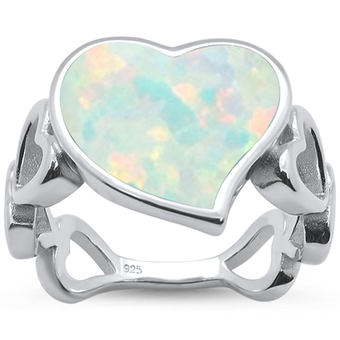 CLOSEOUT! White Opal Heart Shape Band .925 Sterling Silver Ring