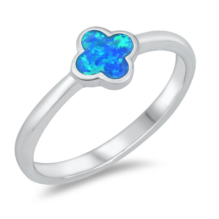 Blue Opal Clover Flower .925 Sterling Silver Ring Sizes 5-10