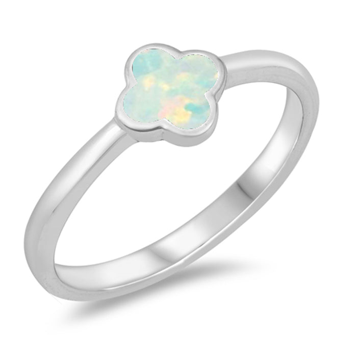 White Opal Clover Flower .925 Sterling Silver Ring Sizes 5-10