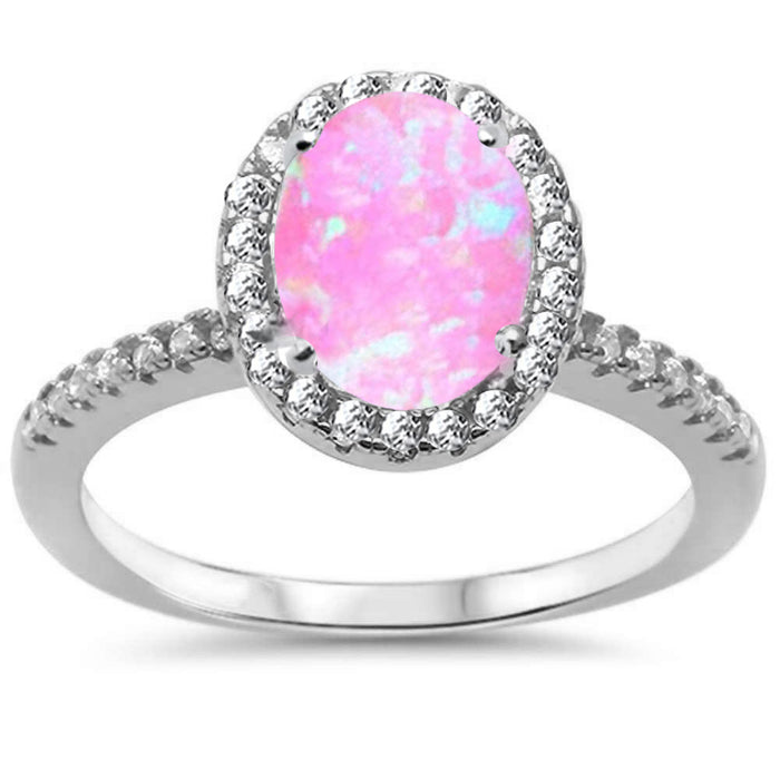CLOSEOUT! Oval Pink Opal & Cubic Zirconia Halo .925 Sterling Silver Ring Sizes 4-6