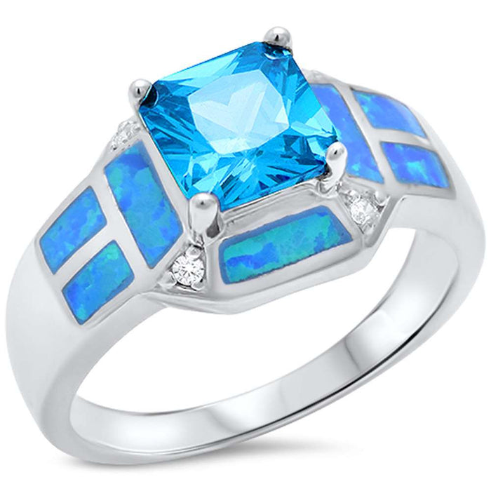 CLOSEOUT! Princess Cut Blue Topaz, Blue Opal & Cz .925 Sterling Silver Ring