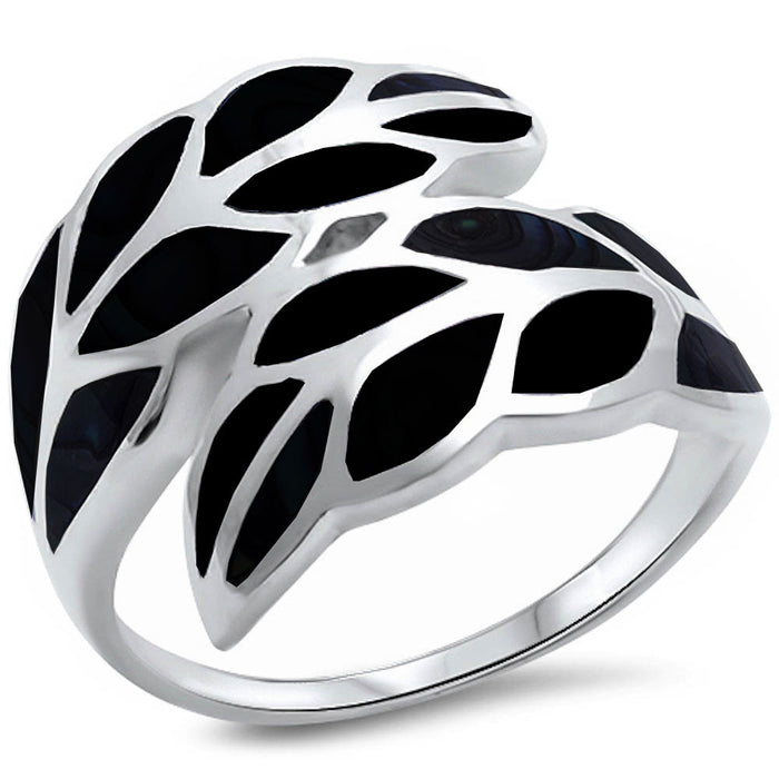 CLOSEOUT! Black Onyx Inlay Leaf .925 Sterling Silver Ring